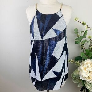 H&M top | Sequin Blouse | Geometric | Chain Strap | size small | blue black whit